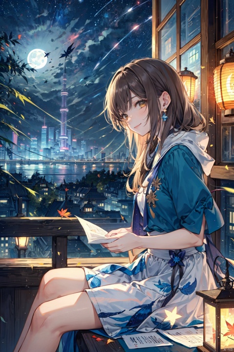  1girl, aerial_fireworks, bangs, brown_eyes, brown_hair, building, city, city_lights, cityscape, closed_mouth, earrings, fireworks, full_moon, holding, jewelry, lamppost, lantern, long_hair, looking_at_viewer, moon, night, night_sky, outdoors, paper_lantern, shooting_star, short_sleeves, sitting, sky, skyline, skyscraper, smile, solo, star_\(sky\), starry_sky, tanabata, tanzaku, yeqinxian, Fangren, 1girl，clean background,1 girl,28 years old,katana,wimd,maple leaf,blue and green ink,close shot,from front
