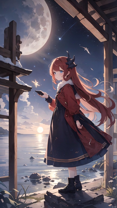  best quality,masterpiece,dragon,1girl,A little girl standing in front of the calm sea,in the background the full moon reddish color,nebula and bright stars,(Best Illumination),Best Shadow,a calm and tranquil setting,wide view,(as if it had just rained,high image quality),8K