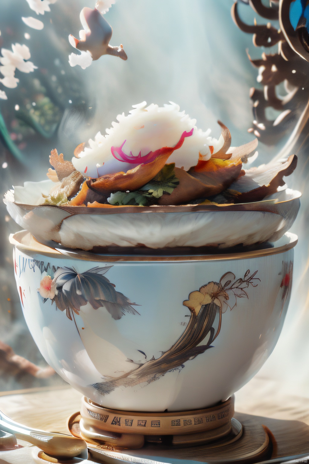 animation,animation,high quality,high resolution,rice bowl,fried egg,braised pork,diced radish,beans,rice,broccoli