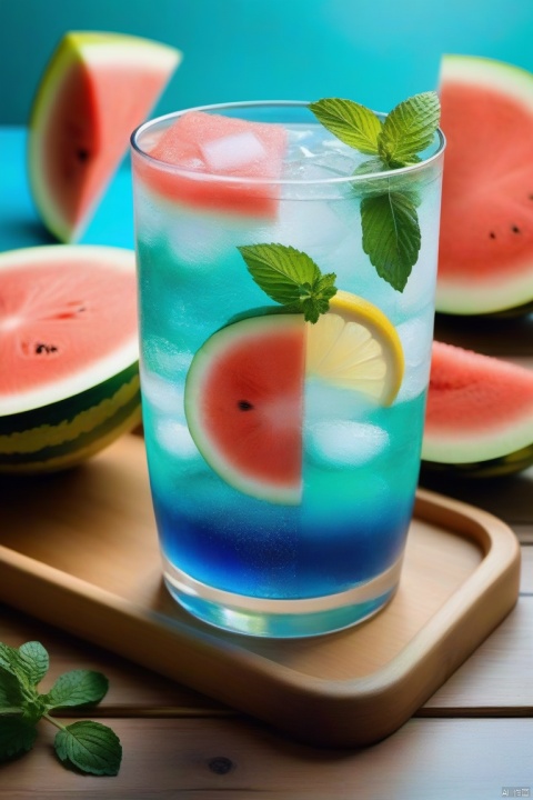 In summer,a cool iced drink,glass,good-looking glass,perfect glass,sparkling water,blue to green gradient,mint,lemon,placed on a wooden tray with a few pieces of watermelon next to it