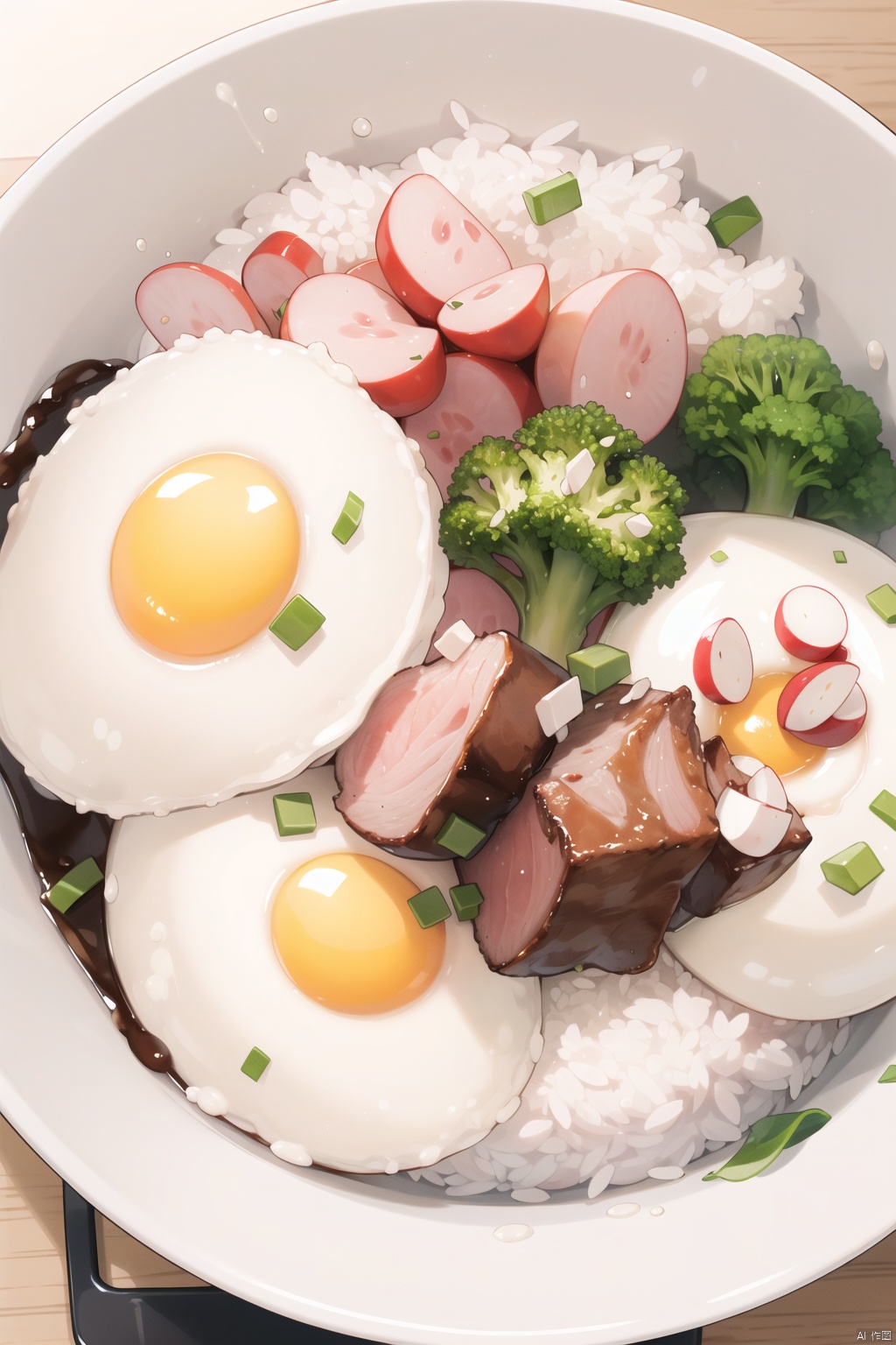 animation,animation,high quality,high resolution,rice bowl,fried egg,braised pork,diced radish,beans,rice,broccoli