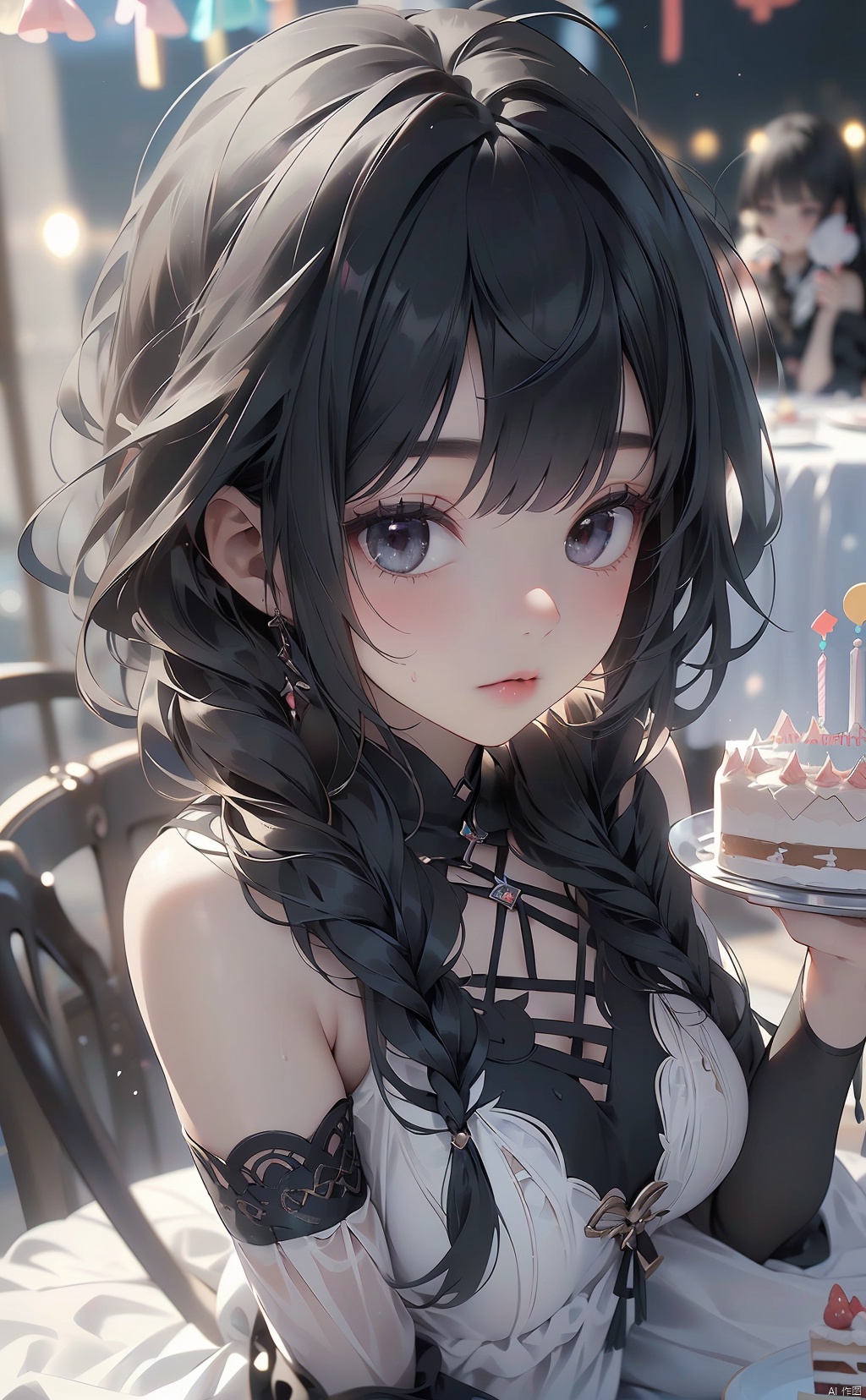 (a cute girl with long black hair with bangs),(holding a birthday cake),(wearing cute party dress),(domineering lighting),(soft focus filter),(depth of field),(cute girl:1.2),(birthday cake:1.4),(black hair:1.3),(long hair:1.3),(fringe bangs:1.2),(party dress:1.2)