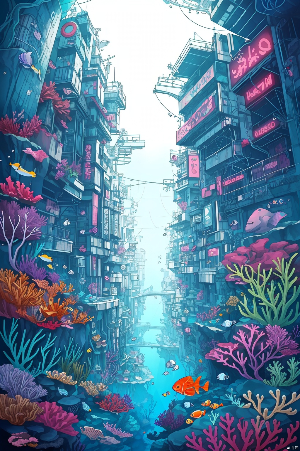(under the sea:1.2),many fishes around the ocean,(cyberpunk),the city under the ocean,(masterpiece:1.2),magic ocean,scene,game,mysterious,hidden,fantastic,Atlantis,