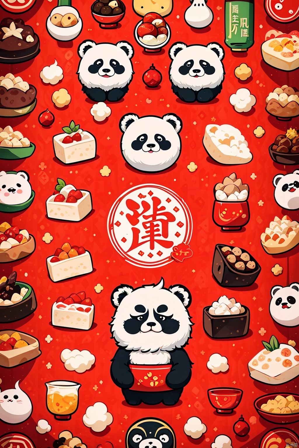 cartoon panda with a lot of food on a red background, mapo tofu cartoon, red panda on a propaganda poster, panda panda panda, inspired by Luo Ping, a beautiful artwork illustration, hand painted cartoon art style,inspired by Luo Mu, chinese new year in shanghai