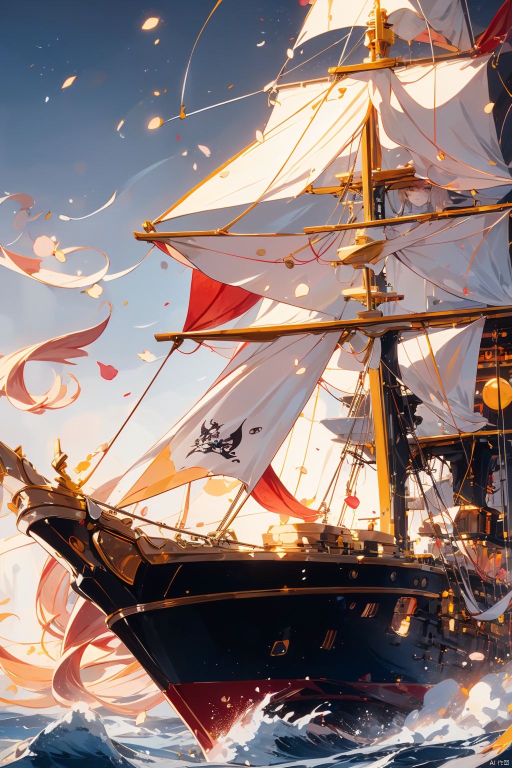 High-quality pirate ship,seascape,sunset,soft and warm colors,focal length on the ship,smoke,sails,fear in the eyes of the heroes,golden light,retro-futuristic filter