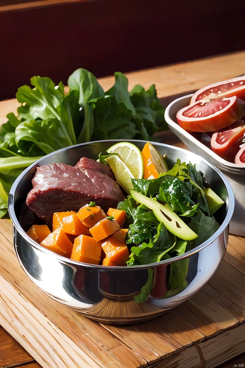 Natural food for dogs,in a stainless steel bowl,full of vegetables,greens,fruits and meat