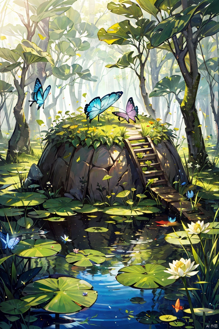 Small anthill made out of flowers and grass on a lilypad on a pond in a mythical Forest with fairys and butterflies around it fireflies