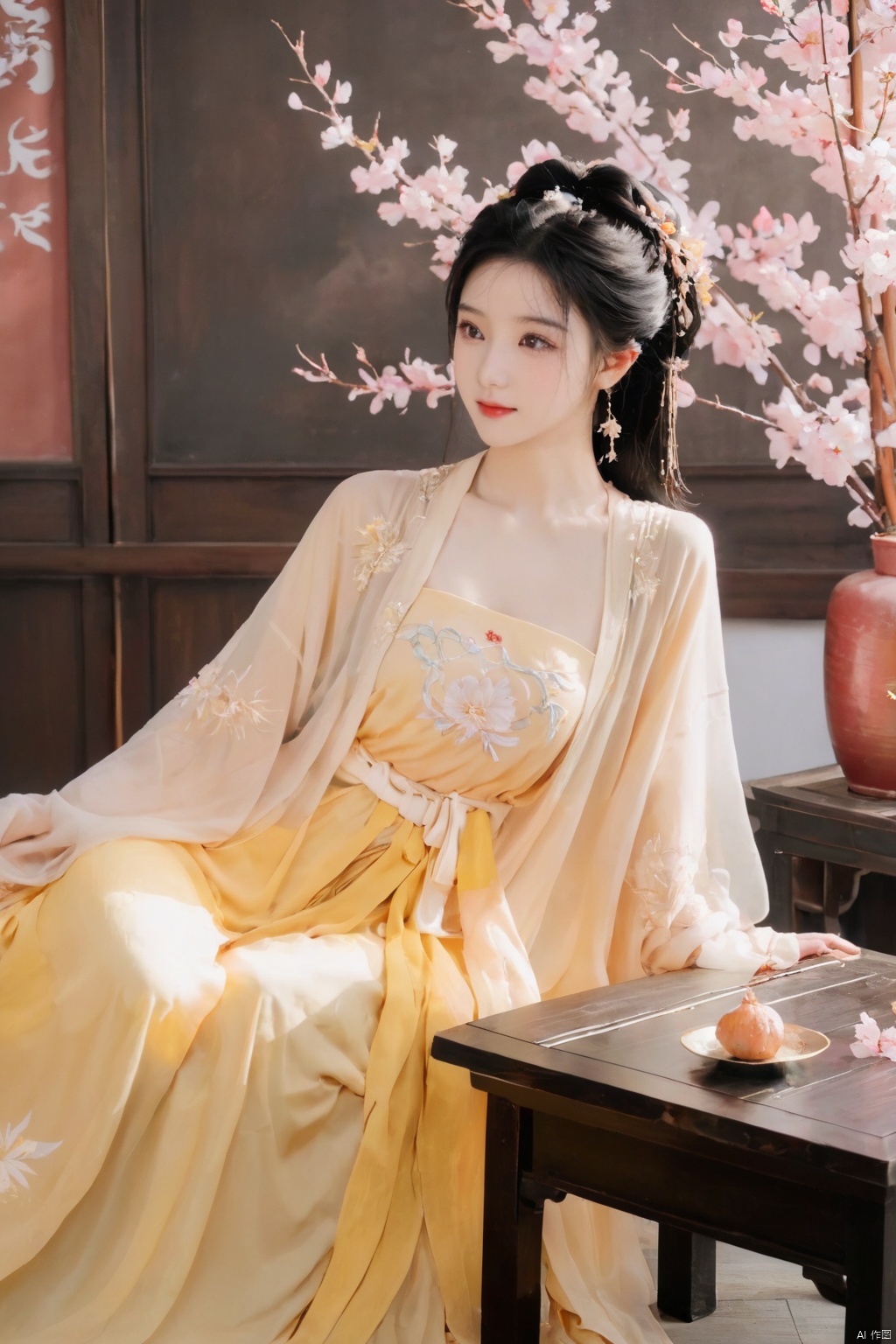  1girl, solo, black long hair, delicate face, shame expression, Hairpins, diamond necklace, hair ornament, long dress, full body, flower, earrings, indoors, hair bun, light yellow dress,(Tube top Hanfu long skirt:1.1), perfect hand, night, chinese clothes, table, branch,daxiushan, ,daxiushan style,(huge breasts:1.6), (full breasts), realistic,hanfu, daxiushan,Shoulders are exposed, daxiushan, arien_hanfu