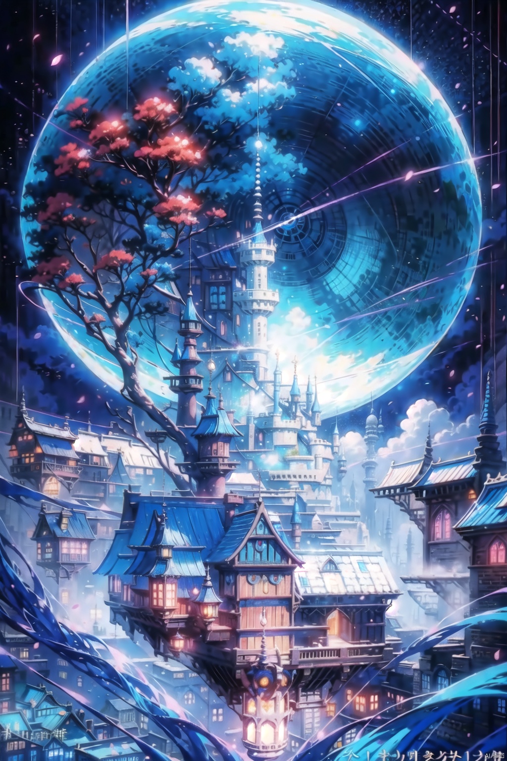 Color (Fantasy), (Hayao Miyazaki style), sky city, (irregular building floating in the air), patchwork houses, flower decorations, lights, concept art inspired by Andreas Rocha, Artstation contest winner, fantasy art, ross tran, light shafts, realistic lighting, masterpiece, high quality, beautiful graphics, high detail, masterpiece, high quality, beautiful graphics, high detail