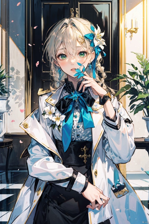  1girl, solo, long hair, looking at viewer, blush, bangs, skirt, blonde hair, shirt, hair ornament, long sleeves, bow, ribbon, hair between eyes, jewelry, green eyes, jacket, hair ribbon, white shirt, upper body, braid, flower, earrings, frills, parted lips, open clothes, hair flower, black skirt, open jacket, lips, petals, sparkle, white jacket, white flower, brooch, gem, high-waist skirt，High quality, masterpiece, interior scene, cartoon game scene, luxury hotel lobby, luxury marble floor, white marble curtain wall, solid wood door, light wood furniture, leather sofa, lush green flower pot, rich details, movie lighting, 16K, game illustration