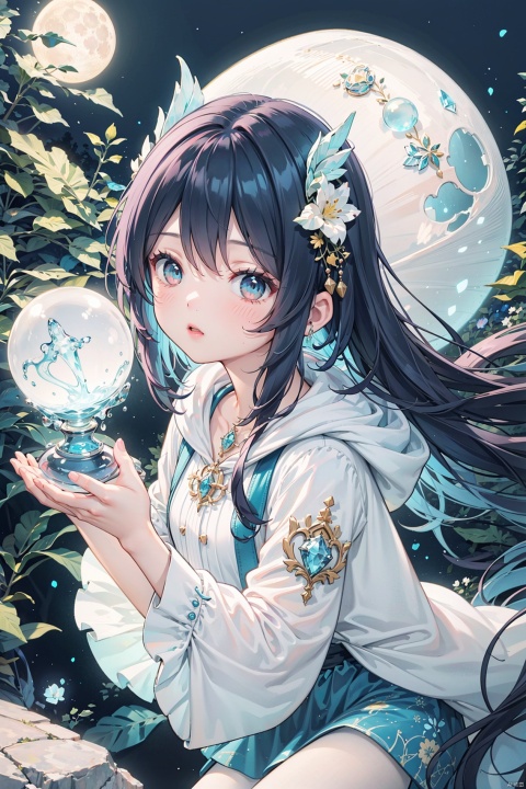  1girl, dark blue hair, long hair, straight hair, moon cat, moon hair ornament, pink clothes, mature, beautiful, white pantyhose, 30710，masterpiece,best quality,8K,wallpaper,depth of field,a girl,solo,blue hair,water magic,magician,black hair accessories,jewelry,hair ornament,staff,(beautiful detail light blue crystal ball:1.2),low ponytail,night,long hair,winter,drop earring,close up
