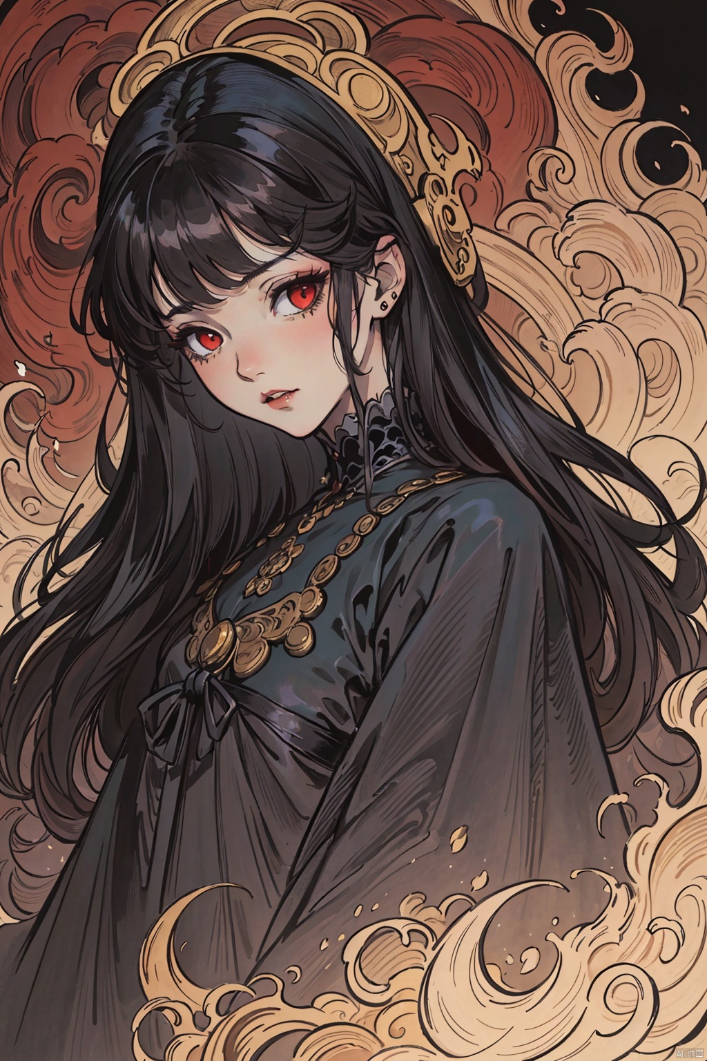 (style of rebecca guay:1.4), masterpiece, best quality, ultra high res, beautiful, incredible details, intricate, (dark theme, horror, gothic:1.2), 1girl, black hair, red eyes