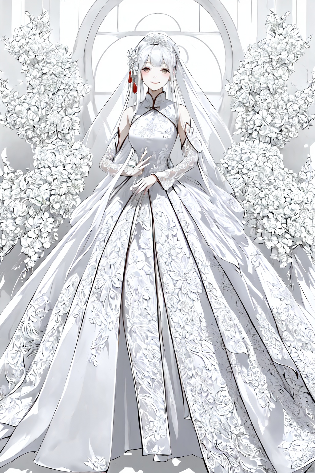  (Good structure), DSLR Quality,Depth of field ,looking_at_viewer,Dynamic pose, , kind smile,
masterpiece, The best quality, 1girl, luxurious wedding dress, dreamy scene, white background, front viewer, looking at viewer, Flowers, romantic, Bride, Translucent white turban, UHD, 16k, , sparkling dress, , white stockings, , chinese dress,white dress,long hair,
chinese clothes,dress,white dress,floral print,china dress,blue dress,hanfu,long sleeves,print dress,robe,skirt,sleeveless dress,widesleeves, weddingdress, , songyi,