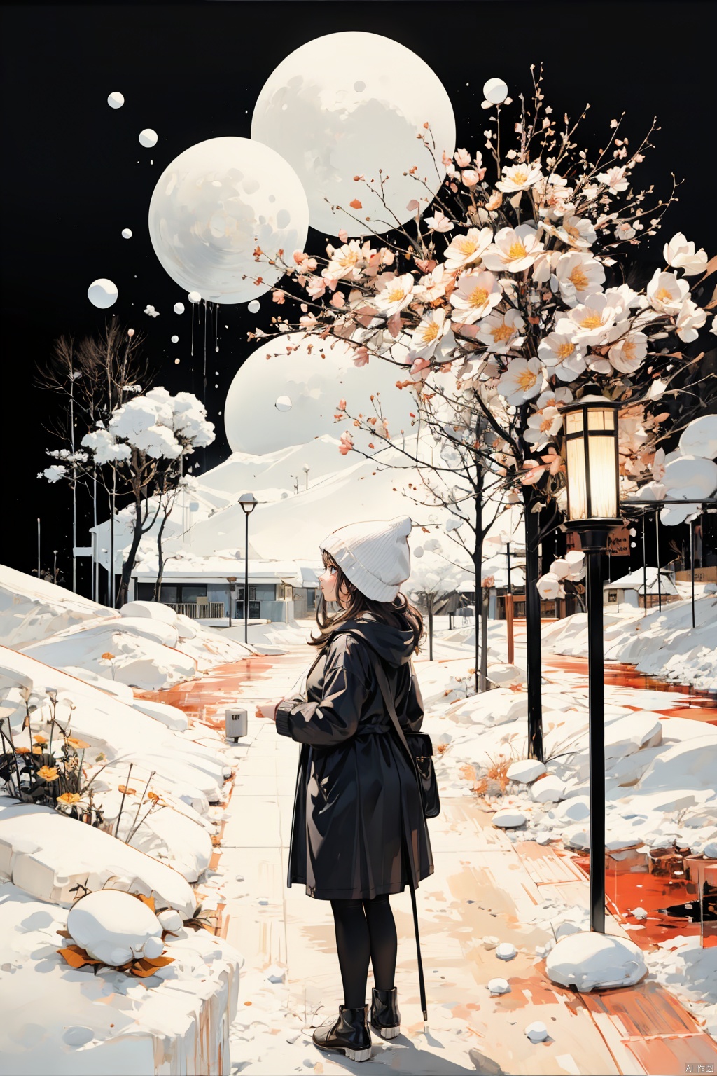 Amidst a raging blizzard, a solitary figure stands resilient in a snow-covered field, viewed from behind. The girl's silhouette is barely discernible through the thick veil of swirling snowflakes. Despite the intensity of the storm, there's an aura of serenity and strength emanating from her presence, as she stands amidst the chaotic beauty of the blizzard's embrace. The field of view captures the vastness of the wintry landscape, emphasizing the girl's solitary stance against the elements, more_details:-1, more_details:0, more_details:0.5, more_details:1, more_details:1.5