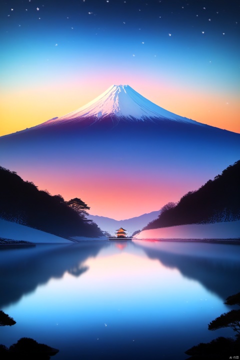  Gradient style illustration, illustration, starry sky, a Mt. Fuji, surrounded by lakes, birds, sunlight, flying snow