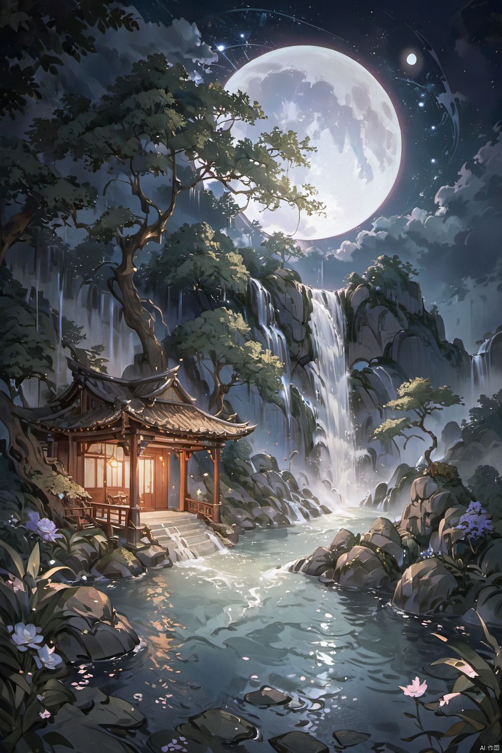  ((HRD, HUD, 8K)),((masterpiece, best quality)), highly detailed, soft YuanShen, UE, scenery, cloud, sky, outdoors, waterfall, fantasy, night, signature, tree, moon, water, star (sky)