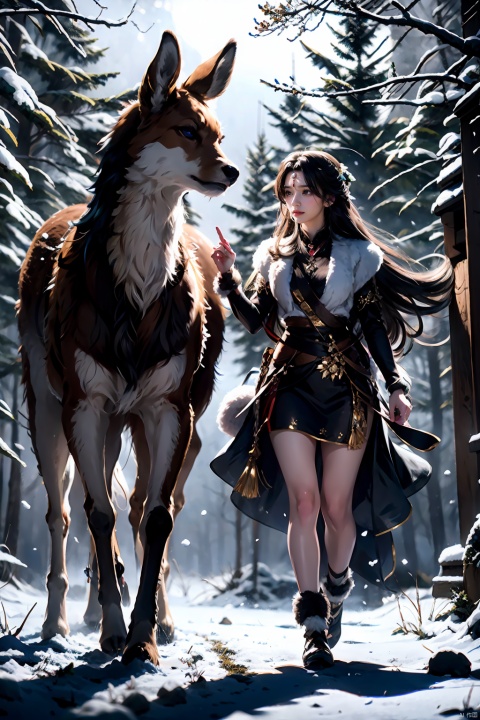 Extreme detail and creativity, the girl running with the fawn in the snowy night in the forest, the icy anlers of the fawn add to the mystery, and the moment when the two look at each other is heartwarming
