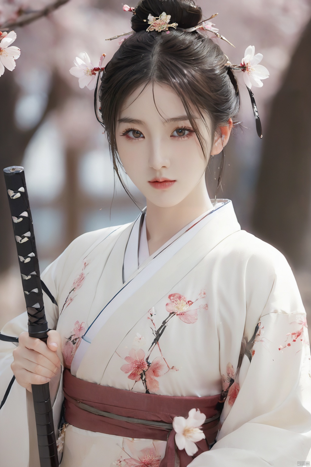 Sakura,upper_body,1girl,weapon,sword,black hair,petals,cherry blossoms,long hair,chinese clothes,blurry,hair bun,hair ornament,holding weapon,looking at viewer,holding sword,holding,long sleeves,facial mark,single hair bun,flower, outdoors,best quality,masterpiece,illustration,an extremely delicate and beautiful,CG,unity,8k wallpaper,Amazing,finely detail,masterpiece,official art,extremely detailed CG unity 8k wallpaper,incredibly absurdres,huge filesize,ultra-detailed,highres,extremely detailed,beautiful detailed girl,realistic,