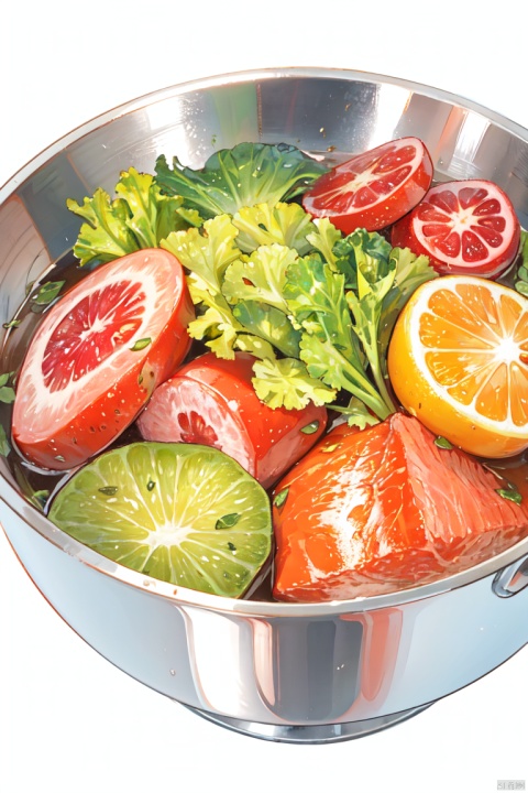 Natural food for dogs,in a stainless steel bowl,full of vegetables,greens,fruits and meat
