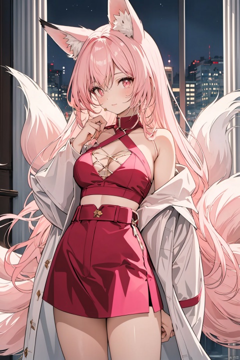  dynamic angle, wide shot, ((Pink light:1.2)), mature female, light pink hair, red crimson eyes, fox ears, red fox tails, ((night:1.2)), cowboy shot, ((red and pink atmosphere:1.0)), glowing fox tails, ((9 tails:1.2)), red body glow, beautiful face, masterpiece, best quality, extremely detailed cg unity 8k wallpaper, high-quality, ultra-detailed, depth of field, illustration, beautiful detailed wallpaper, accurate anatomy to hands and fingers, mksks, Art Style 2.0, starrystarscloudcolorful, lora:more_details:0.5