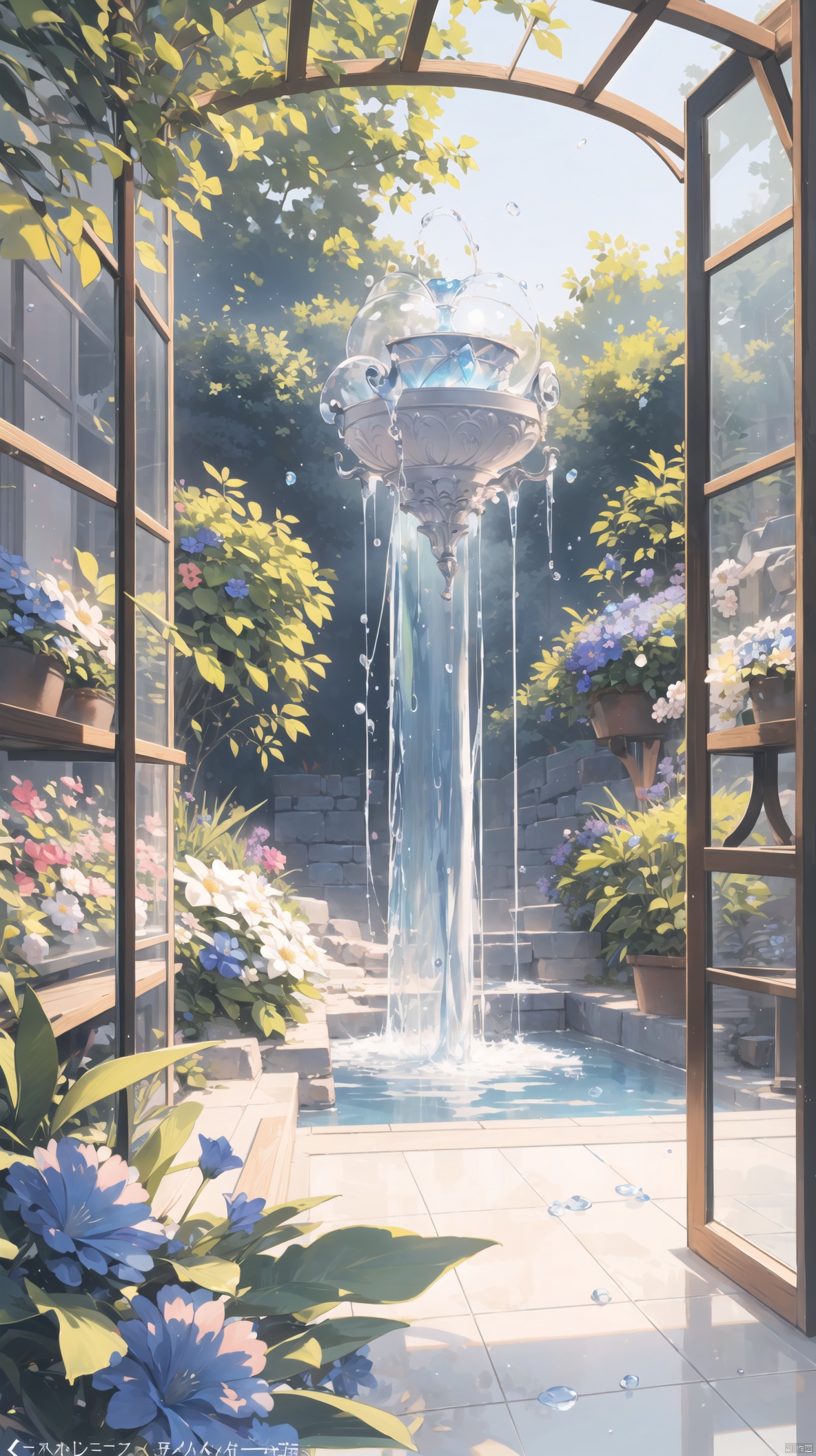 Wallpaper,fantasy hanging garden,blue sky,floating sea of flowers,colorful flowers,Crystal Fountain,HD Detail,Wet Watermark,Ultra Detail,Cinematic,Hyper Realism,Soft Light,Deep Field Focus Bokeh,Ray Tracing,Diffuse extra fine glass reflections and Hyper Realism