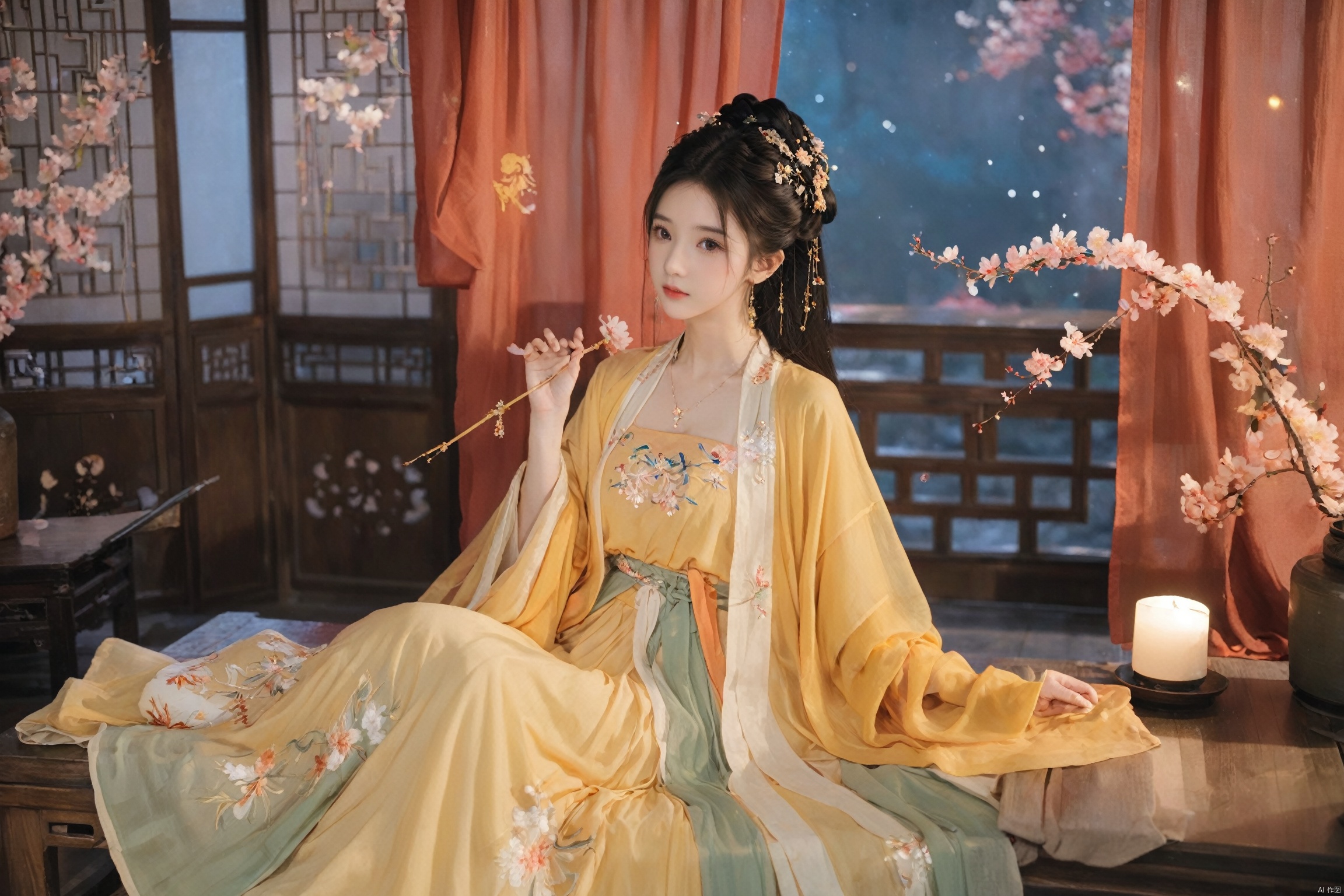  1girl, solo, black long hair, delicate face, shame expression, Hairpins, diamond necklace, hair ornament, long dress, full body, flower, earrings, indoors, hair bun, light yellow dress,(Tube top Hanfu long skirt:1.1), perfect hand, night, chinese clothes, table, branch,daxiushan, ,daxiushan style,(huge breasts:1.6), (full breasts), realistic,hanfu, daxiushan,Shoulders are exposed, daxiushan, arien_hanfu