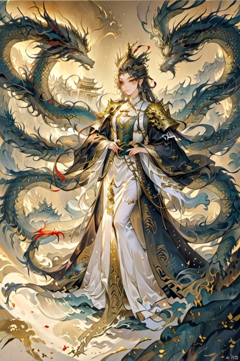  A royal elder sister,Full body photo, long legs,realism,,drakan_longdress_crown,Jewelry, gorgeous palaces, Chinese dragons, drakan_longdress_crown,Imperial robe,Dragon crown, scenery