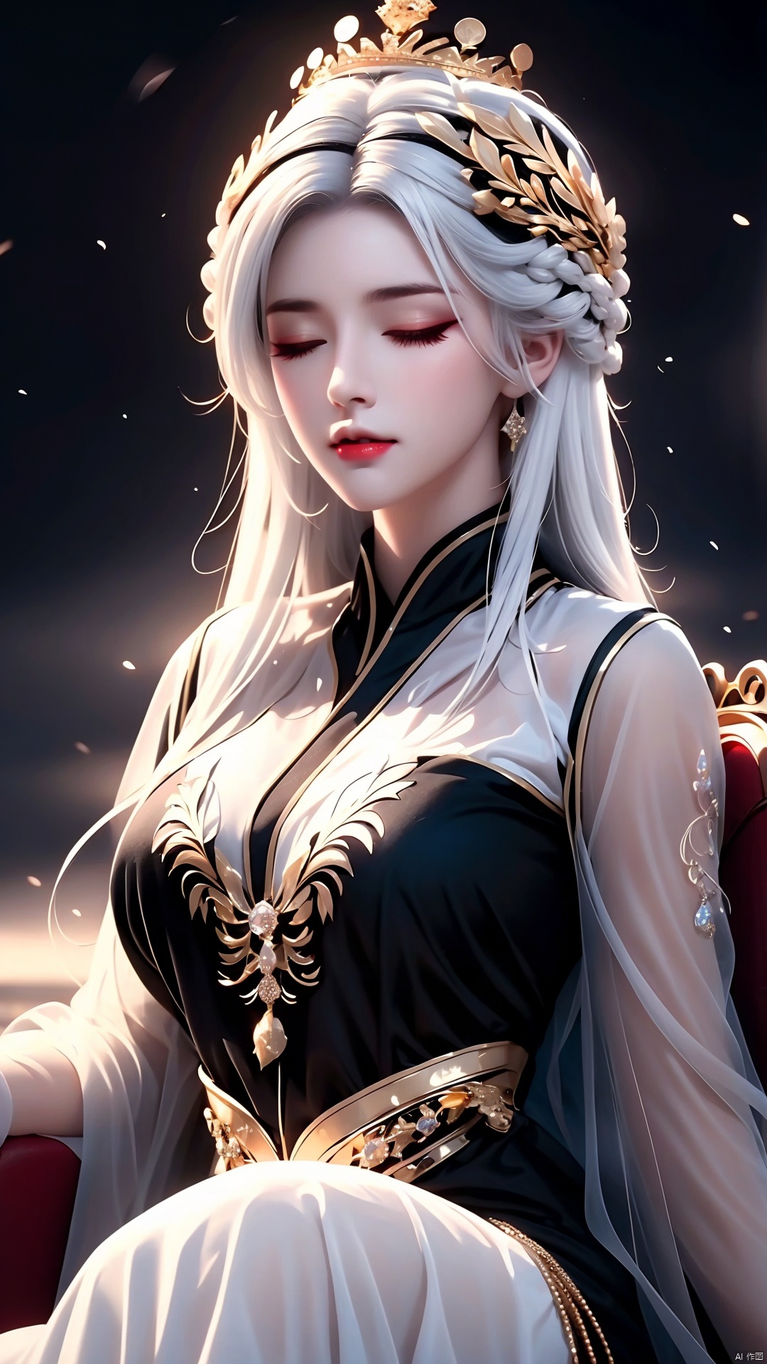 (1girl),white hair and yellow eyes,(emperor,black see-through clothes),(crown:1.1),sitting on the throne,eyes slightly closed,head down,(shy:1.2 ),(makeup),high contrast,(best illumination),(an extremely create and beautiful),(cinematic light),colorful