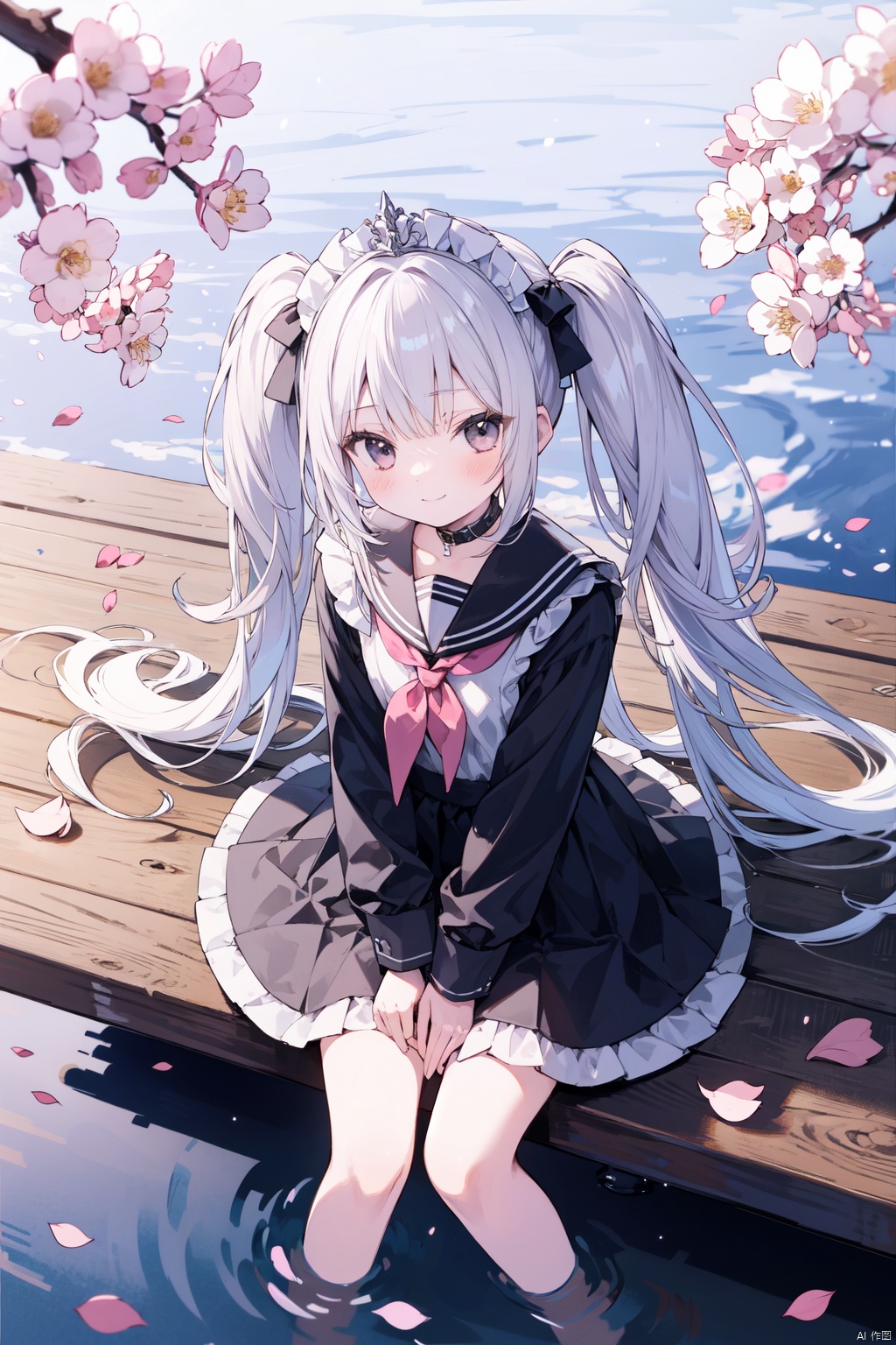  1girl, solo, long_hair, pink_hair, cherry_blossoms, skirt, very_long_hair, ripples, school_uniform, twintails, black_skirt, reflection, serafuku, from_above, neckerchief, shirt, pleated_skirt, pink_eyes, sailor_collar, long_sleeves, black_shirt, flower, black_serafuku, sitting, water, looking_up, bangs, looking_at_viewer, petals, closed_mouth, black_sailor_collar，1girl,Solo,Maid,Maid Tiara,Maid Apron,Smile,Silver Hair,Silver Black Eyes,Full Body,Hands Down,Frills,Many Frills side