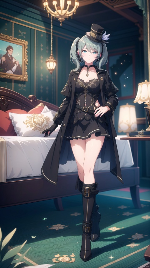  Ultra-realistic, 8k CG, masterpiece, HDR, absurdres, Professional, RAW photo, highres, (full body:1.4), 1girl, miss_fox, sfw, mature curvy gothic woman, narrow waist, round hips, looking at viewer, standing, dynamic pose, suggestive pose, long hair, high ponytail, slick shiny nature pale skin, subsurface scattering, mysterious and enchanting, hyper maximalist, rich, extravagant, luxury, prestige, exquisite, intricate details, intricate patterns, detailed skin texture, detailed clothes, detailed clothes texture, luxurious medieval palace interior, and chandeliers, antique furniture, stained glass windows, gothic wallpaper, victorian wall lamps, dark fairytale fantasy, solemn antique bronze color theme, decoration, ( mixed Victorian and Gothic Lolita style clothing, black lace gloves, aristocratic hat, leather knee boots, ruffled aristocratic blouse, layered Gothic skirt:1.3), (leather coat with buckles:1.6), lace choker necklace, gothicpunkai, (photorealistic:1.4), Bokeh, Cinematic, best quality，((masterpiece,best quality))1girl, solo, black skirt, blue eyes,, headphones, long hair, , music, one side up, teal hair, twin tails, pleated skirt, black shirt, indoors