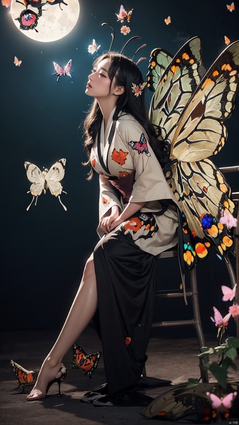 8k,single,1 girl,best quality,super high resolution,realistic,(colorful,vivid tones,art nouveau),extremely detailed lighting,cinematic lighting,soft lighting,(masterpiece,quality: 1.4),(fine fine eyes),(Yuko Ichihara,very long black hair,very long kimono,pipe),(whole body),(tall and thin,long legs),(big breasts),(symbol of the moon,round mirror,birdcage),((smoky and butterflies flying,flowers: 2))