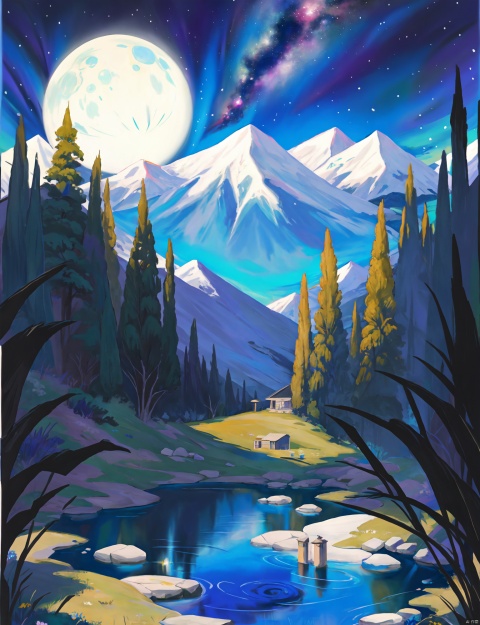 Very starry night. A giant moon behind the mountains. A tranquil lake reflecting the night. Realistic scene,detailed,photorealism,8k