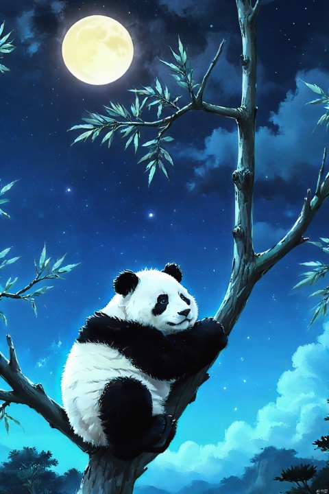  a panda bear is sitting on a tree branch and looking up at the sky with its paws on the branch, XL_nightsky，A painting of a river with stars and moon in the sky,concept art inspired by Tosa Mitsuoki,pixiv contest winner,best quality,fantasy art,beautiful anime scene,a bright moon,moonlit starry environment,dream painting,Anime Background Art,Fantasy Landscape Art,Fantasy Night,Anime Background,Background Artwork,Fantastic Art,Atmospheric Anime,Starry Sky,Detail Enhanced.