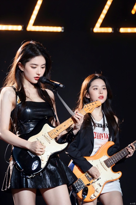 two girls, electric guitar of Rune text motif, electric guitar of Gaelic text motif