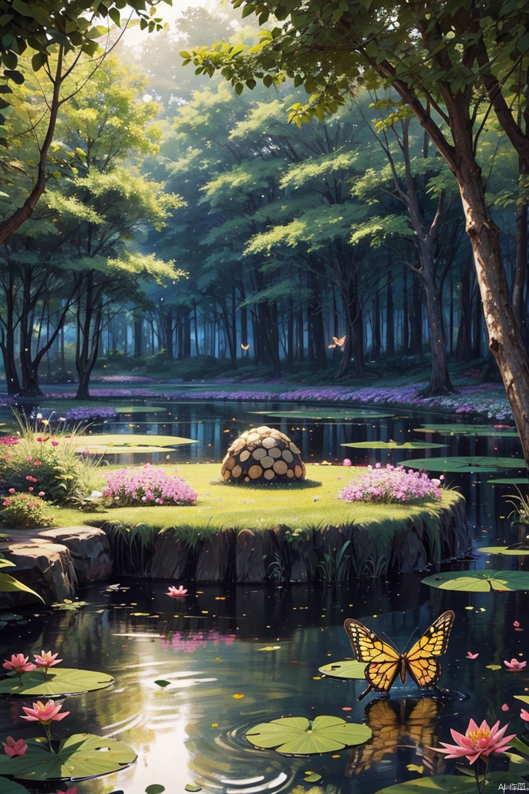 Small anthill made out of flowers and grass on a lilypad on a pond in a mythical Forest with fairys and butterflies around it fireflies