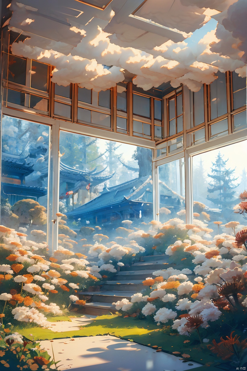  This is a cozy bedroom, decorated mainly in light blue, white, and light yellow colors,green plant, flowers, Beautiful ceiling, sunset, cloudy, presenting an ultra-high definition image effect under natural light. The background is fresh and bright, designed in a 2.5D isometric style using software such as Blender, Octane Renderer, and C4D --ar 3:4 --niji 5 --s200，Masterpiece, best quality, 8K, high res, ultra-detailed, no humans, beautiful view, ultra -detailed, fine detailed, highly detailed, intricate, highly detailed, ultra-detailed, scenery, misty atmosphere, solitary, intricate details, delicate features, deep forest, wisps of light, pristine, japanese temple, mysticism, night, red lanterns burning, fireflies, fiery butterflies, gloomy atmosphere, temple in the forest, mossy stairway in the temple, mysterious forest, dilapidated temple, sanctuary, will-o'-the-wisps, dilapidated temple, field of spider lily flowers, wild nature oil painting