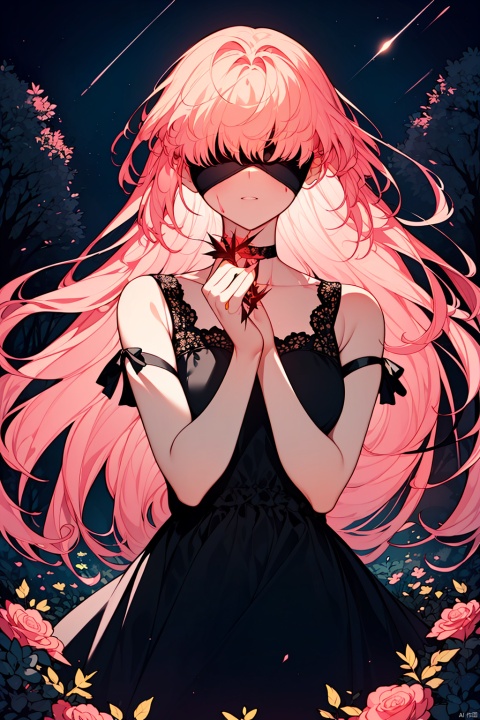 mature female, perfect hands, pink hair, ((black blindfold:1.2)), stargazing, pink forest, thorns, glowing lights, ((night:1.2)), ((windy:1.0)), sky, trees, flowers, glowing flowers, stars, Bloody tears, starrystarscloudcolorful