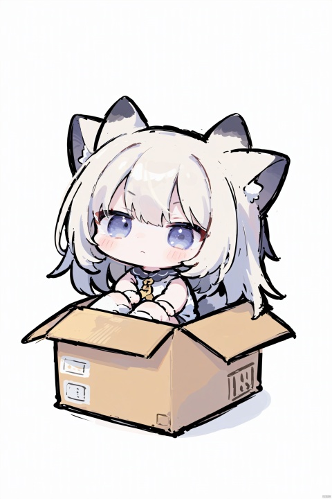 1 catgirl in cardboard box, sitting, chibi, thick outline, simple background, white background