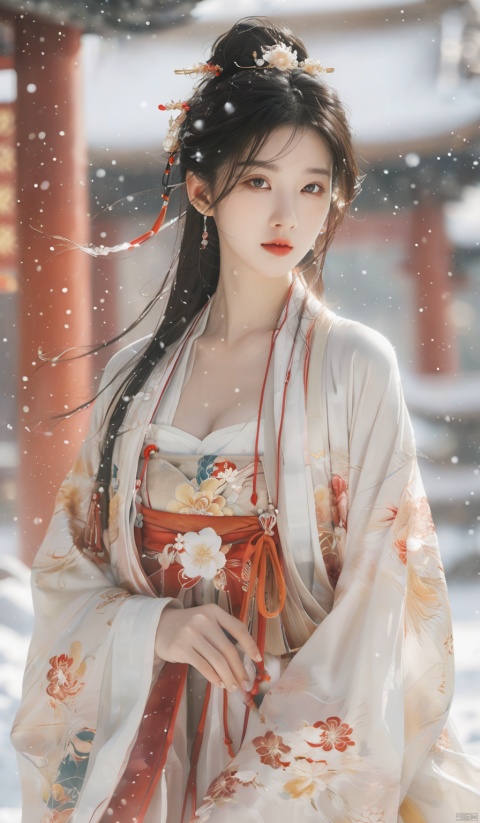  arien_hanfu,1girl,(Masterpiece:1.2), best quality, arien_hanfu,1girl, (falling_snow:1.3), looking_at_viewer,(big breasts:1.88), (plump breasts:1.7),(Tube top Hanfu:1.2),hand101,full body, 1girl
In this masterpiece artwork of the highest quality (Masterpiece version 1.2), an Arien woman dressed in a modernized hanfu style featuring a tube top design (Tube top Hanfu: 1.2) is depicted (arien_hanfu, 1girl). Against a backdrop of falling snowflakes (falling_snow: 1.3), she gazes directly at the viewer (looking_at_viewer), creating a distinct and profound sense of engagement.

The female figure in the painting possesses generously proportioned attributes, characterized by larger-than-average breasts (big breasts: 1.88) and plumpness (plump breasts: 1.7), which harmoniously complement her form-fitting upper garment in traditional Chinese attire.

The composition presents a full-body portrait (full body), with intricate attention given to the detail of the woman's hands identified as hand101,