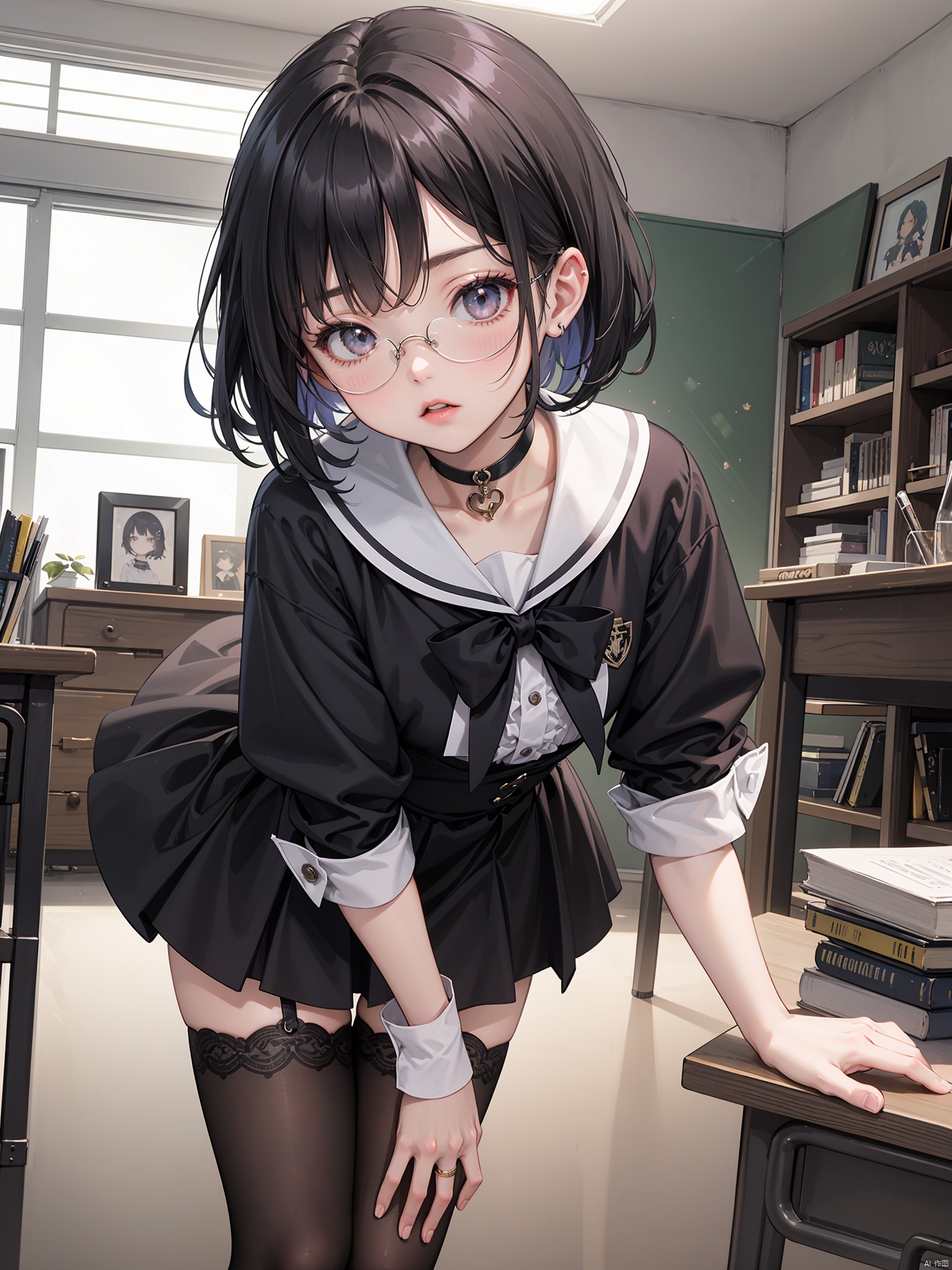  Big chest, bent down, revealing waist, school uniform, flesh colored stockings, mature senior sister, gradient long hair, in front of the desk, ultra-high picture quality, noble, masterpiece, dynamic angle, golden glasses，Beautiful girl,goth,short hair,black hair,dark eyes,lolita dress,gothic choker,intricate details,volumetric light,anime style