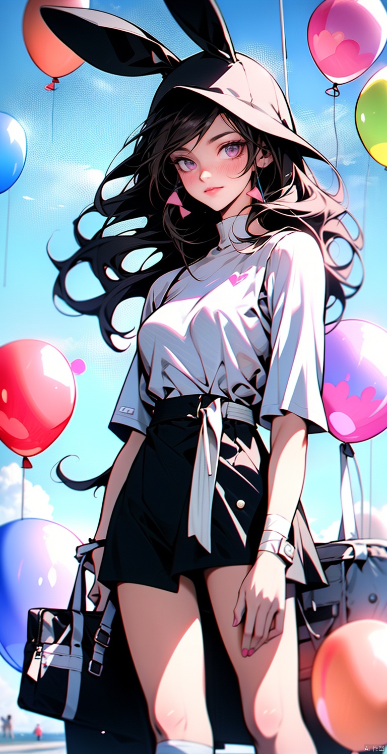 a cartoon girl with long hair and an elaborate hat and dress next to some pink and black balloons, 1girl, solo, halo, animal ears, black hair, wings, rabbit ears, pink eyes.pink bunny balloon.A long white ribbon on the balloon.rabbit shaped balloon.Mascot of many small white rabbits on the waist.white bunny ears on the head.light colored eyes.light colored mesh.white and black ribbon.long socks that reach above the knee.One of the socks is white and the other is black.There's a little bandage on my leg.balloons only pink.