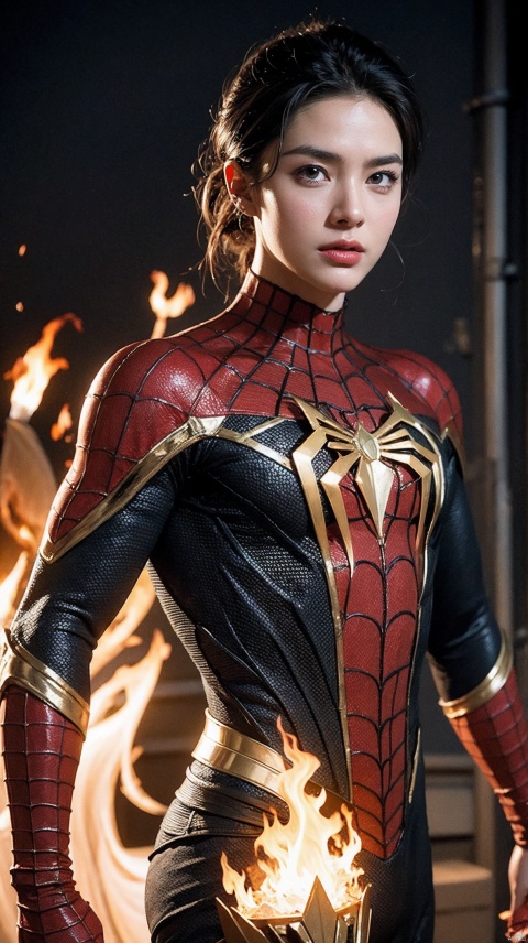 Spiderman,with gold armor,with fire web high quality and realism extremely detailed 4K