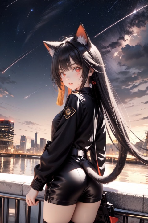  1girl, solo, animal ears, miqo'te, long hair, tail, sweater, cat ears, shorts, cat tail, looking at viewer, white sweater, red eyes, facial mark,petite,loli, tuyagirl，1girl,Beautiful,standing,looking at viewer,(black police uniform:1.5),at night,city background