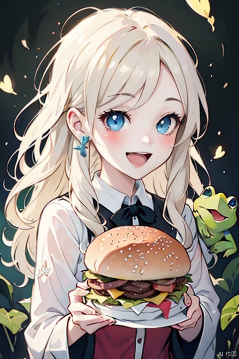 1girl,burger color,beautiful girl,frog,open mouth smile,side light,light particles,avatar