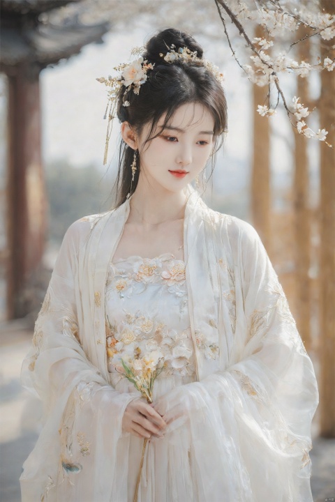  best quality, masterpiece,cowboy_shot,(Good structure),,a girl,xianjing,Off-the-shoulder, bust photo,upper body,Hanfu, Cloud, Smoke,branch,flower, smile,Gaze at the audience, Ink scattering_Chinese style, ((poakl)), ,looking_at_viewer,kind smile, , chinese dress,white dress, liuyifei,long_hair