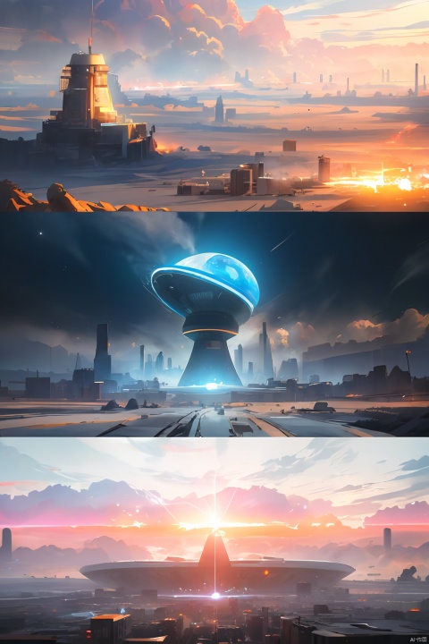 8K,UHD,RAW,hires,(photorealistic:1.4),Cinematic lighting,depth of fields,bloom,glare,lens effects,lens flares,a spaceship havoring on alien planet,scifi,pink and blue tone,cyberpunk city,low saturation,foggy,big bang,mega robot destroy the world,  cloud space gate control by ai