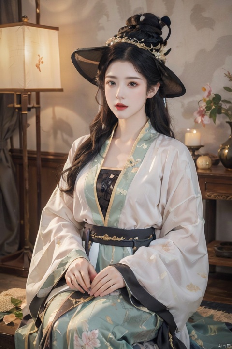  1girl,solo,waist up,hanfu fashion,(zentangle, mandala, tangle, entangle),(flower blossom:1.2) jewelry,ancient art,chinese,long hair, Lanterns, pavilions, flowers
official art,unity 8k wallpaper,ultra detailed,aesthetic,masterpiece,best quality,photorealistic ,half body,Article,Painting and Calligraphy,
,dog, ((poakl))，slime (creature) in a witch's hat, white (substance)
