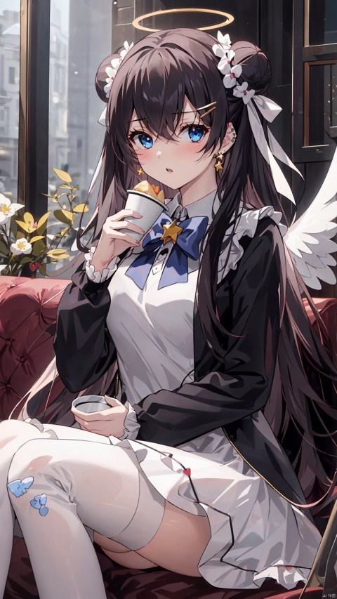  1girl, solo, long hair, looking at viewer, blush, bangs, blue eyes, black hair, hair ornament, long sleeves, dress, bow, ribbon, holding, jewelry, sitting, very long hair, braid, hair bow, heart, earrings, frills, parted lips, food, wings, hairclip, striped, hair bun, star \(symbol\), white dress, cup, double bun, feet out of frame, halo, blue bow, piercing, stuffed toy, frilled dress, stuffed animal, bug, white bow, butterfly, ear piercing, bandaid, holding cup, knees up, lolita fashion, angel wings, heart hair ornament, holding stuffed toy, bandaid on leg