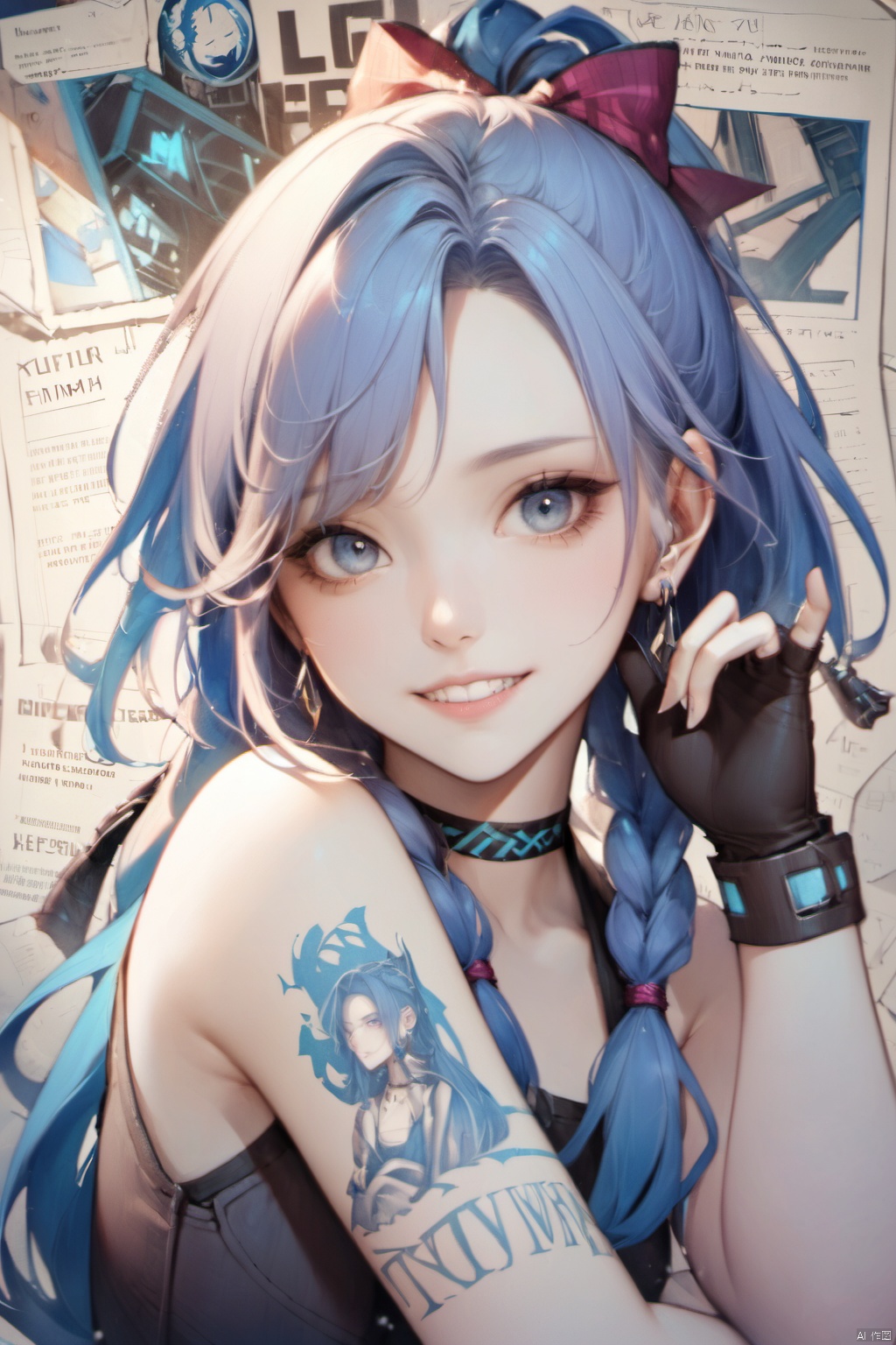  1girl, solo, long hair, looking at viewer, smile, bangs, blue eyes, gloves, bare shoulders, jewelry, blue hair, upper body, earrings, teeth, choker, black gloves, fingerless gloves, grin, twin braids, tattoo, brown gloves, head rest, asymmetrical bangs,braided ponytail,shoulder tattoo, jinx \(league of legends\)forehead,ponytail,