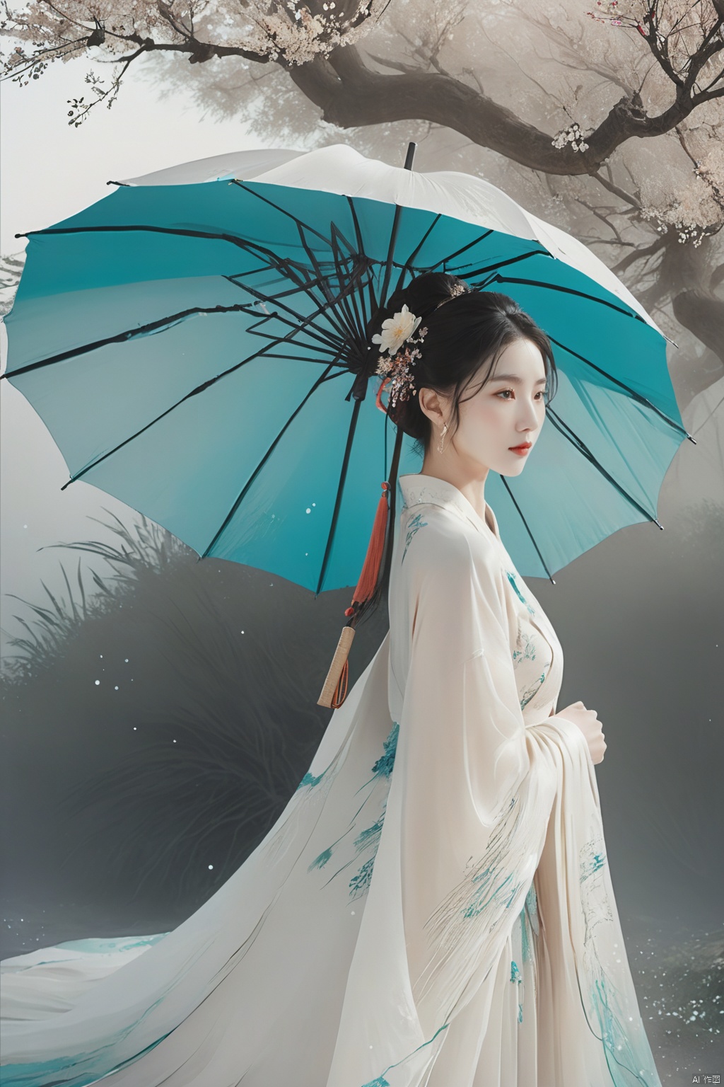  
/I Foreground a tree,  Chinese beauty holding an umbrella, cyan and white color matching, ink painting minimalist style, large white space, tulle translucent material, soft gradient, perspective aesthetics